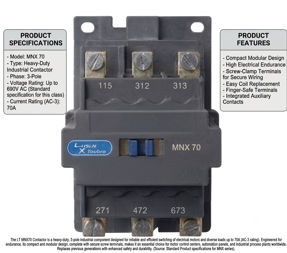 L&T MNX 70 Power Contactor L&T MNX 70 Power Contactor 3-Pole 70A Heavy Duty Switchgear